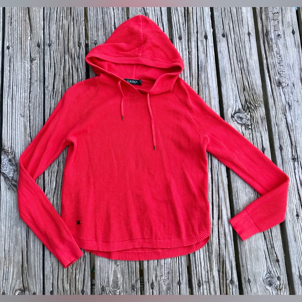 Ladies M RALPH LAUREN Electric Coral Hooded Waffle Thermal Tunic Swing Top Shirt